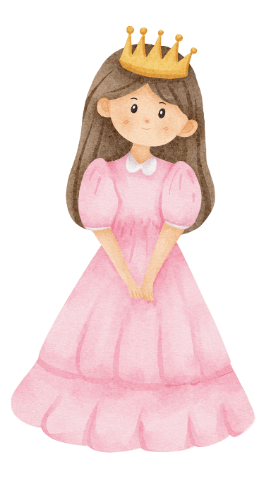 Princesa Melinda sorrindo com coroa dourada e vestido rosa